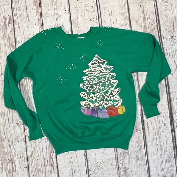 Vintage 80s Christmas Tree Xmas Ugly Sweater Party 1980s Pullover Sweatshirt - Picture 1 of 8